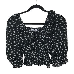 Whyte Valentyne Black Floral Print Smocked Off The Shoulder Top US 8